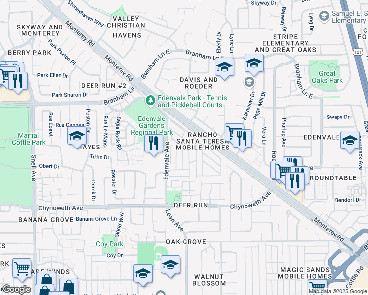 map of restaurants, bars, coffee shops, grocery stores, and more near 270 Saddlebrook Drive in San Jose
