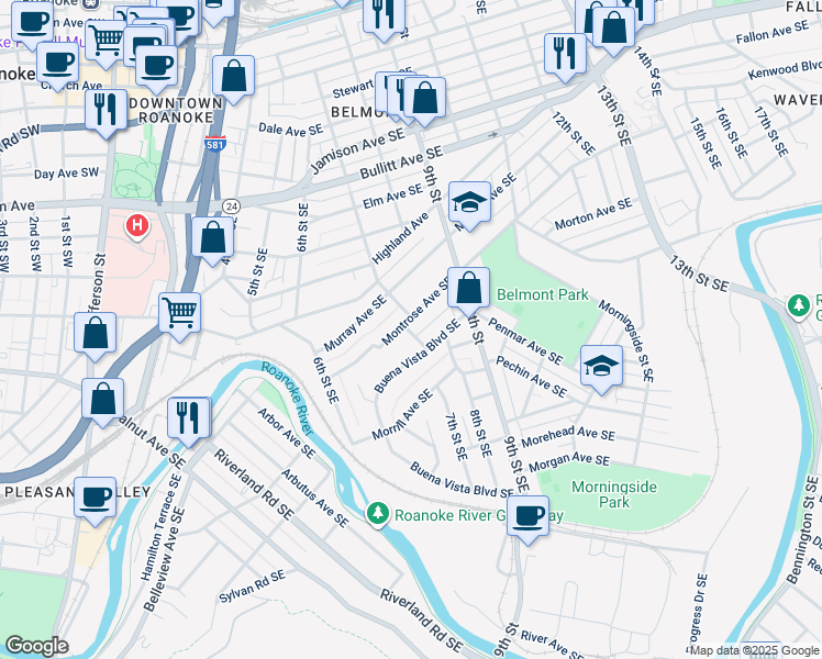 map of restaurants, bars, coffee shops, grocery stores, and more near 701 Montrose Avenue Southeast in Roanoke