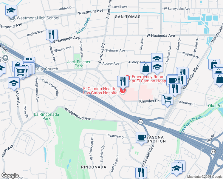 map of restaurants, bars, coffee shops, grocery stores, and more near 838 Pollard Road in Los Gatos
