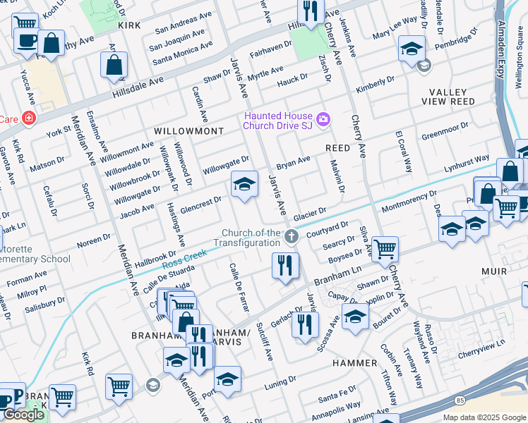 map of restaurants, bars, coffee shops, grocery stores, and more near 1477 Glacier Drive in San Jose