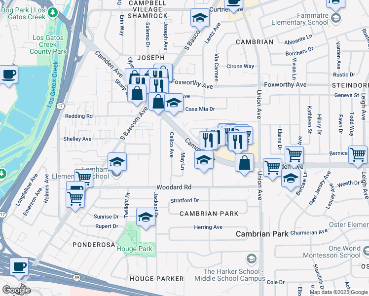 map of restaurants, bars, coffee shops, grocery stores, and more near 3456 May Lane in San Jose