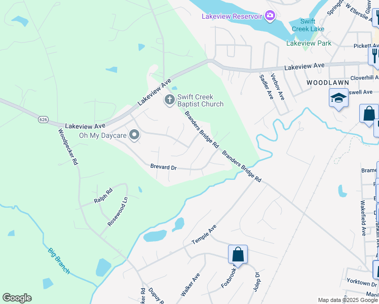 map of restaurants, bars, coffee shops, grocery stores, and more near 4001 Birdbrook Dr in Colonial Heights