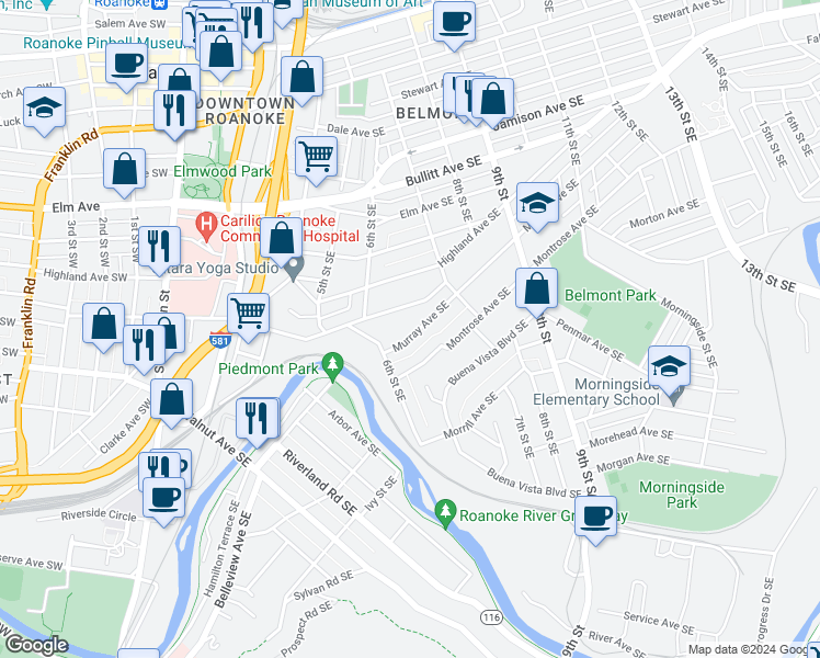 map of restaurants, bars, coffee shops, grocery stores, and more near 630 Murray Avenue Southeast in Roanoke