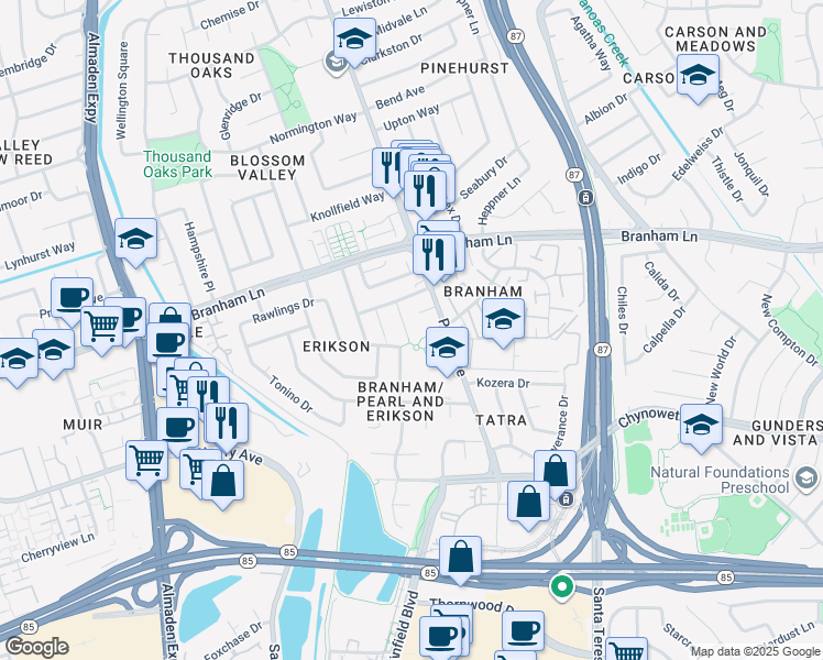 map of restaurants, bars, coffee shops, grocery stores, and more near 4796 Corte De Avellano in San Jose