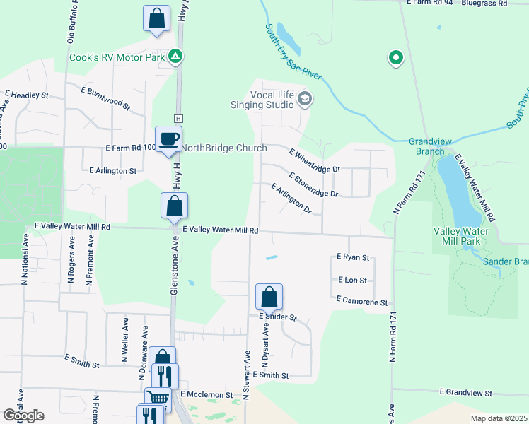 map of restaurants, bars, coffee shops, grocery stores, and more near 3632 North Stewart Avenue in Springfield