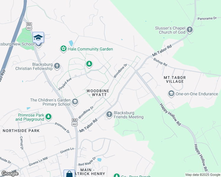 map of restaurants, bars, coffee shops, grocery stores, and more near 310 Woodbine Drive in Blacksburg