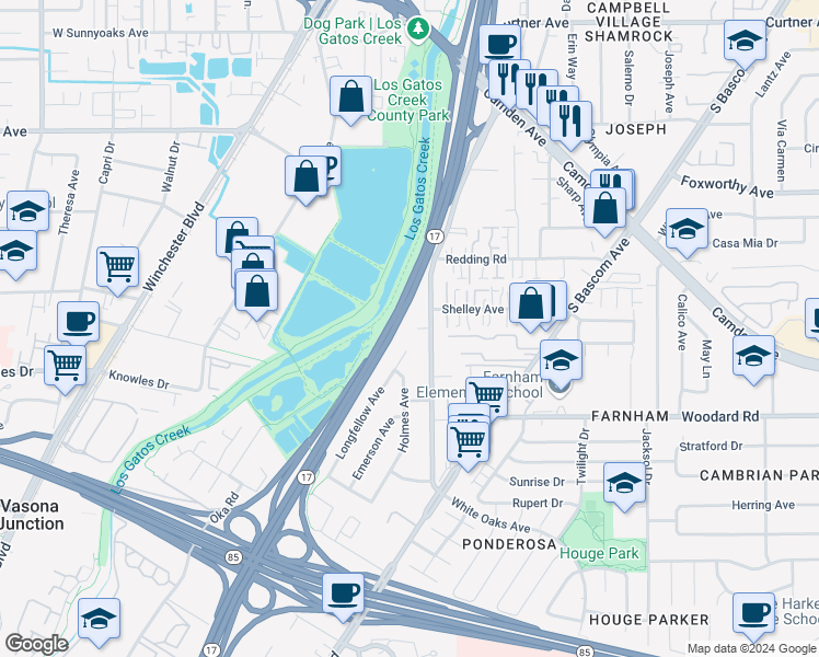 map of restaurants, bars, coffee shops, grocery stores, and more near 1727 Pope Court in Campbell