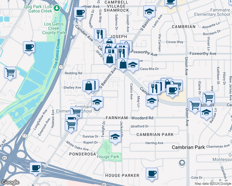 map of restaurants, bars, coffee shops, grocery stores, and more near 2264 Shelley Avenue in San Jose