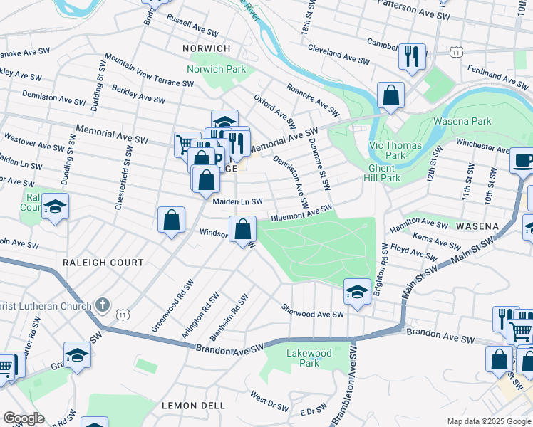 map of restaurants, bars, coffee shops, grocery stores, and more near 1809 Bluemont Avenue Southwest in Roanoke