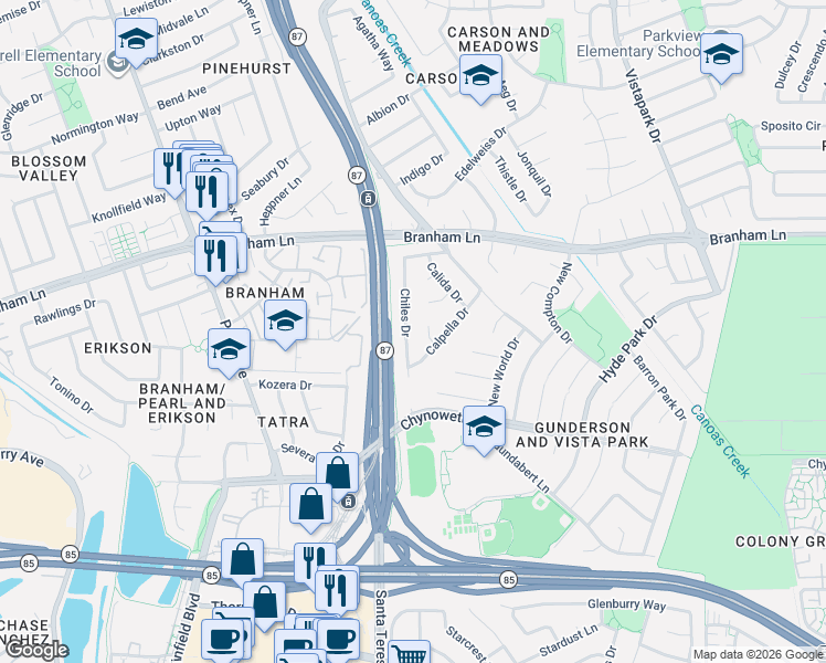 map of restaurants, bars, coffee shops, grocery stores, and more near 617 Calpella Drive in San Jose