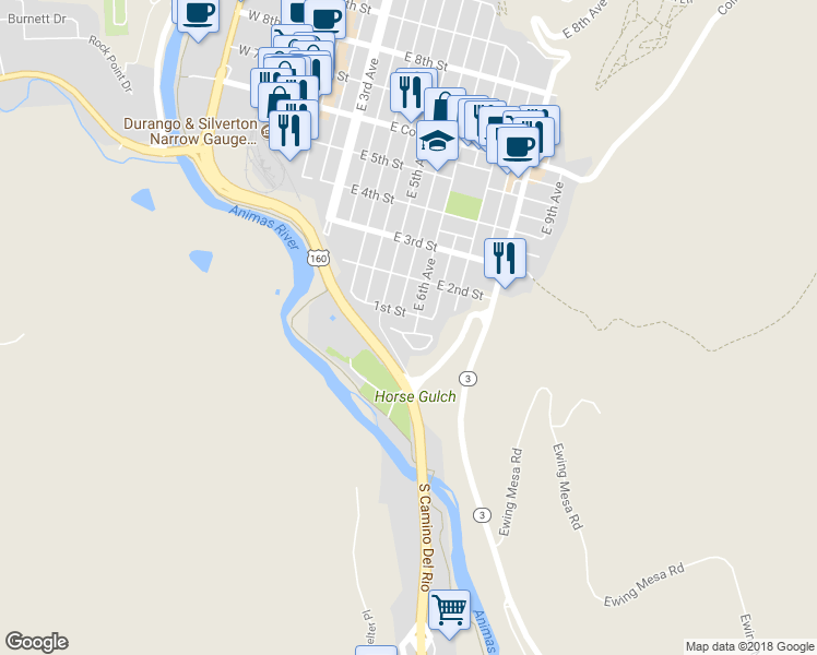 map of restaurants, bars, coffee shops, grocery stores, and more near 566 East 1st Street in Durango