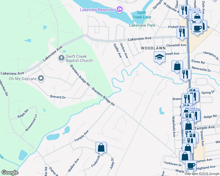 map of restaurants, bars, coffee shops, grocery stores, and more near 18811 Branders Bridge Road in Colonial Heights