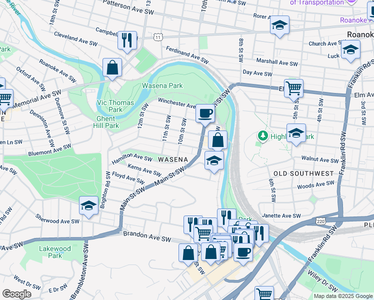 map of restaurants, bars, coffee shops, grocery stores, and more near 924 Howbert Avenue Southwest in Roanoke