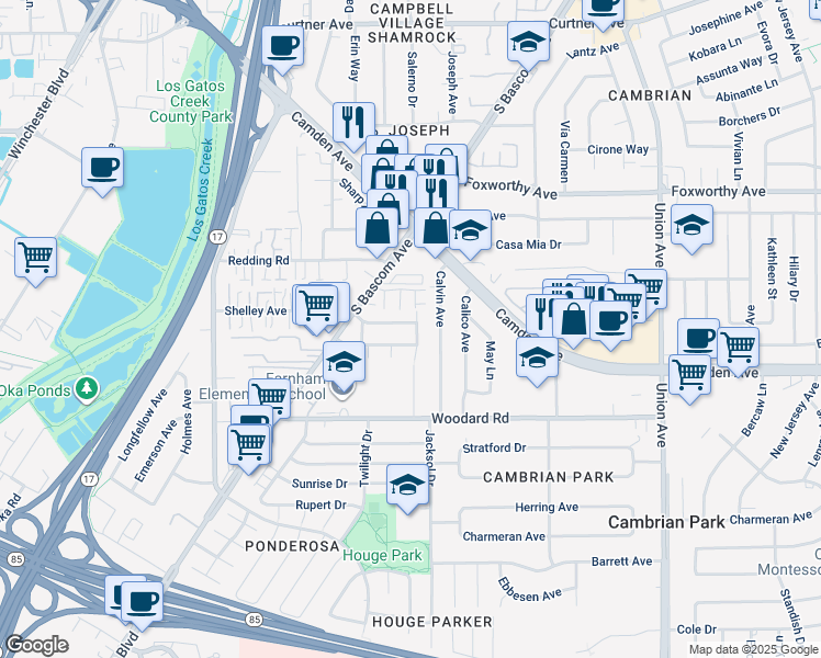 map of restaurants, bars, coffee shops, grocery stores, and more near 2264 Shelley Avenue in San Jose