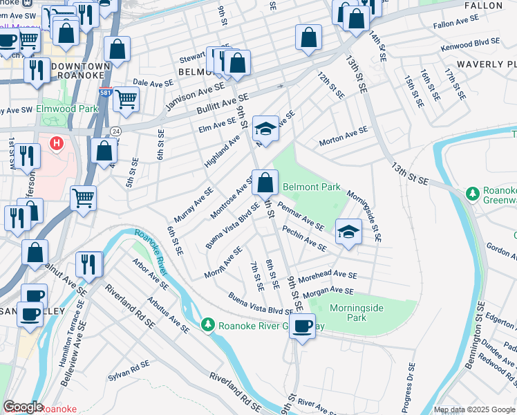 map of restaurants, bars, coffee shops, grocery stores, and more near 1216 Buena Vista Boulevard Southeast in Roanoke