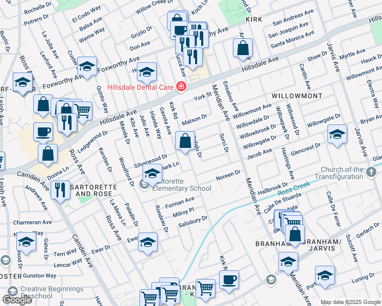 map of restaurants, bars, coffee shops, grocery stores, and more near 3744 Kirk Road in San Jose