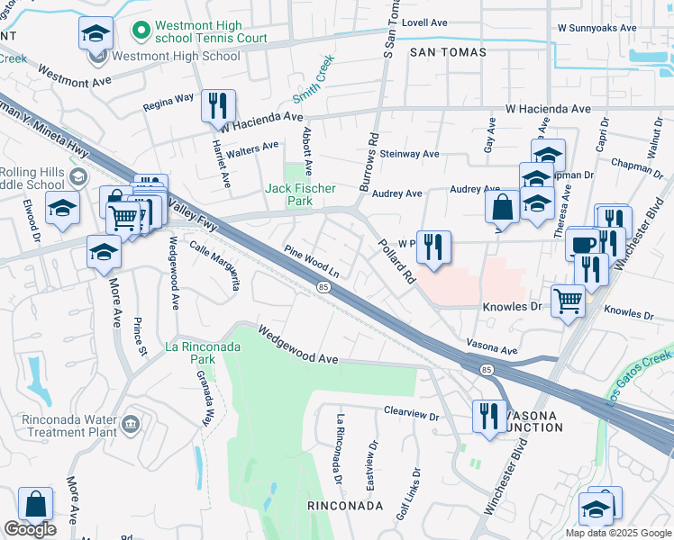 map of restaurants, bars, coffee shops, grocery stores, and more near 268 Pine Wood Lane in Los Gatos