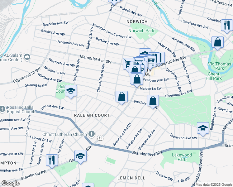 map of restaurants, bars, coffee shops, grocery stores, and more near 2049 Windsor Avenue Southwest in Roanoke