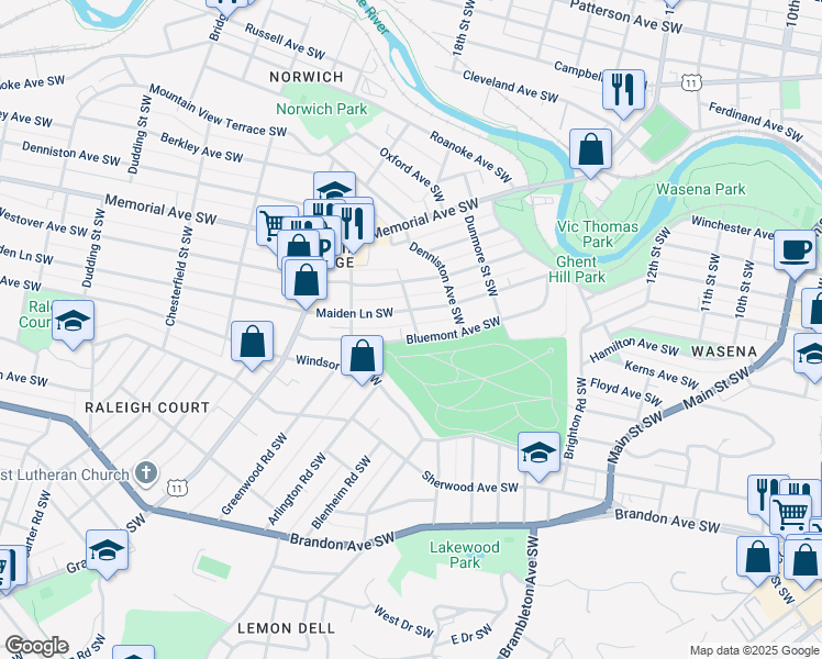 map of restaurants, bars, coffee shops, grocery stores, and more near in Roanoke