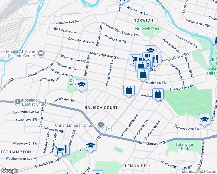 map of restaurants, bars, coffee shops, grocery stores, and more near 2146 Windsor Avenue Southwest in Roanoke
