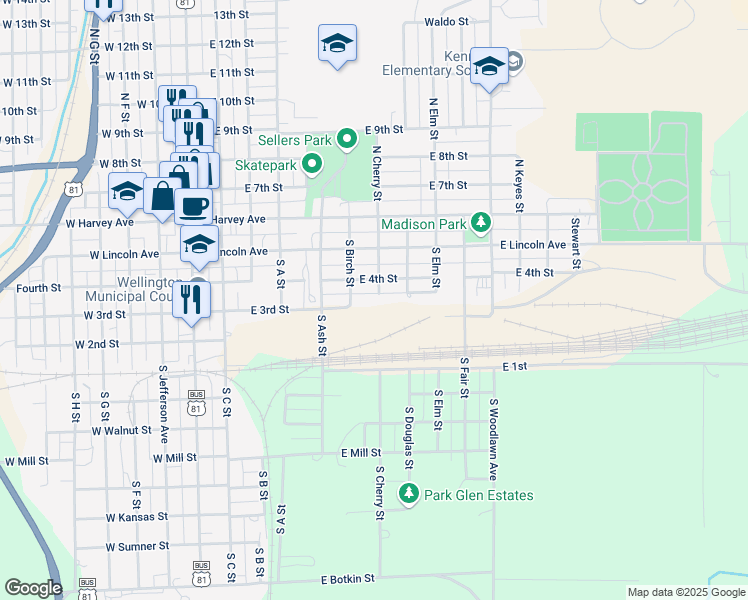 map of restaurants, bars, coffee shops, grocery stores, and more near 319 South Cherry Street in Wellington