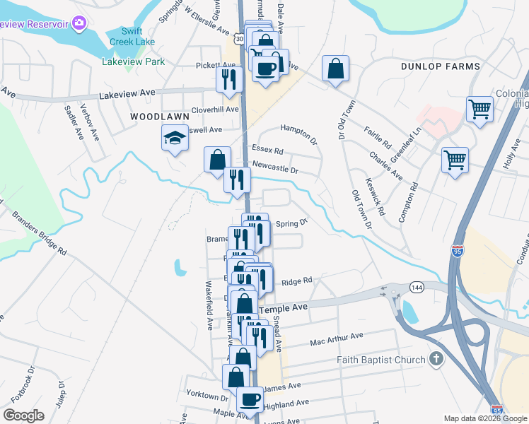map of restaurants, bars, coffee shops, grocery stores, and more near 201 South Valley Road in Colonial Heights