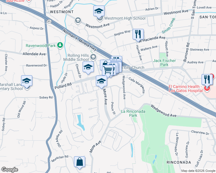 map of restaurants, bars, coffee shops, grocery stores, and more near 515 Newville Drive in Los Gatos