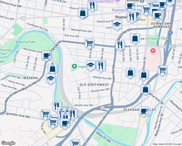 map of restaurants, bars, coffee shops, grocery stores, and more near 1212 5th Street Southwest in Roanoke