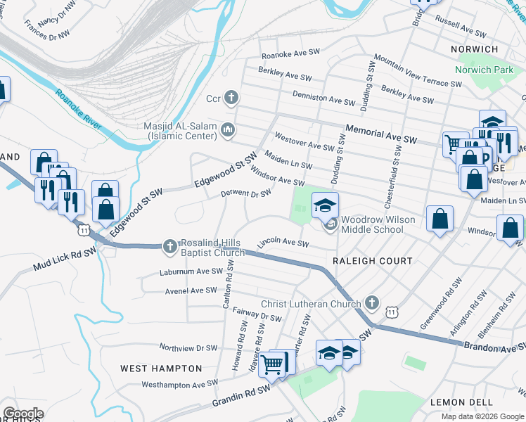 map of restaurants, bars, coffee shops, grocery stores, and more near 1855 Carlton Rd SW in Roanoke
