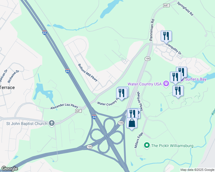 map of restaurants, bars, coffee shops, grocery stores, and more near 115 Clement's Mill Trace in Williamsburg
