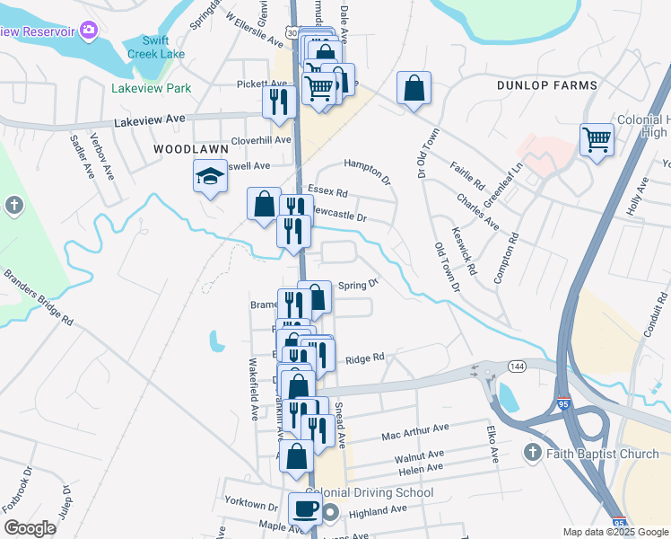 map of restaurants, bars, coffee shops, grocery stores, and more near 205 South Valley Road in Colonial Heights