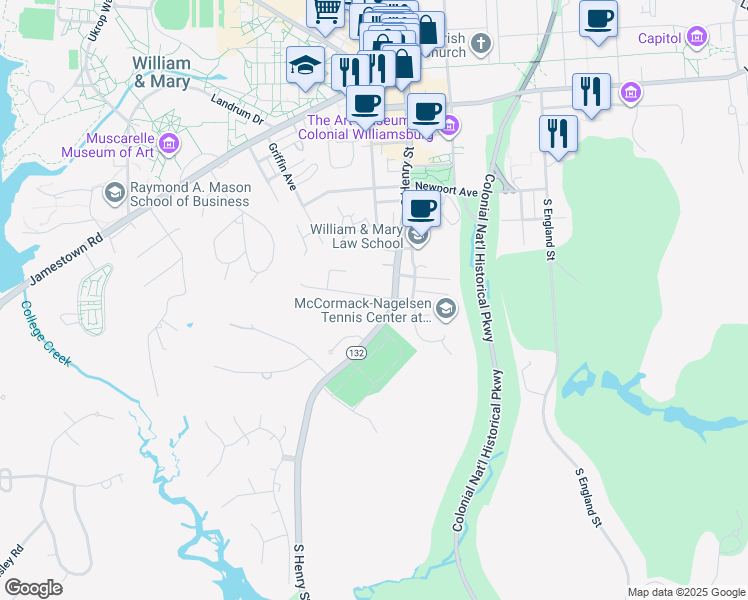 map of restaurants, bars, coffee shops, grocery stores, and more near 106 Mimosa Drive in Williamsburg