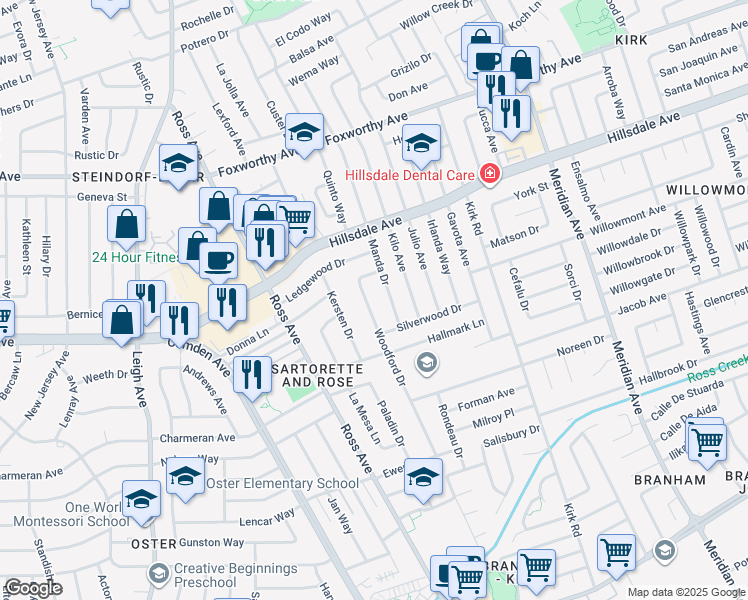 map of restaurants, bars, coffee shops, grocery stores, and more near 3598 Woodford Drive in San Jose