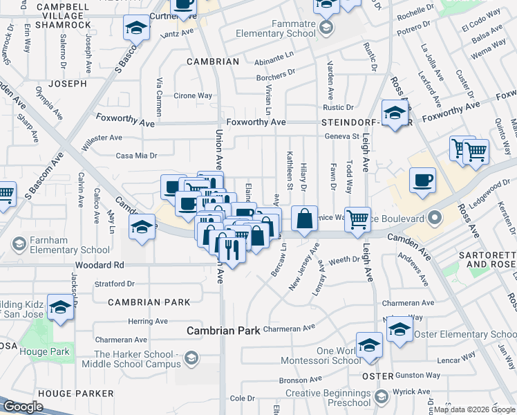 map of restaurants, bars, coffee shops, grocery stores, and more near 1960 Janet Avenue in San Jose