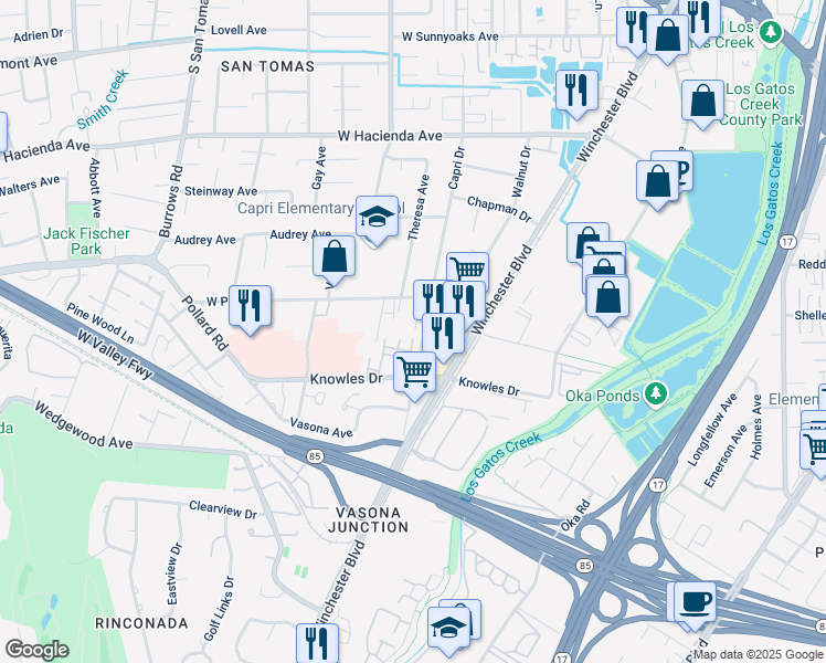 map of restaurants, bars, coffee shops, grocery stores, and more near 14125 Capri Drive in Los Gatos