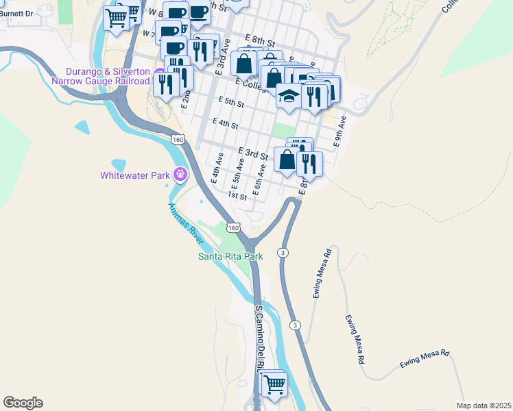map of restaurants, bars, coffee shops, grocery stores, and more near 566 East 1st Street in Durango
