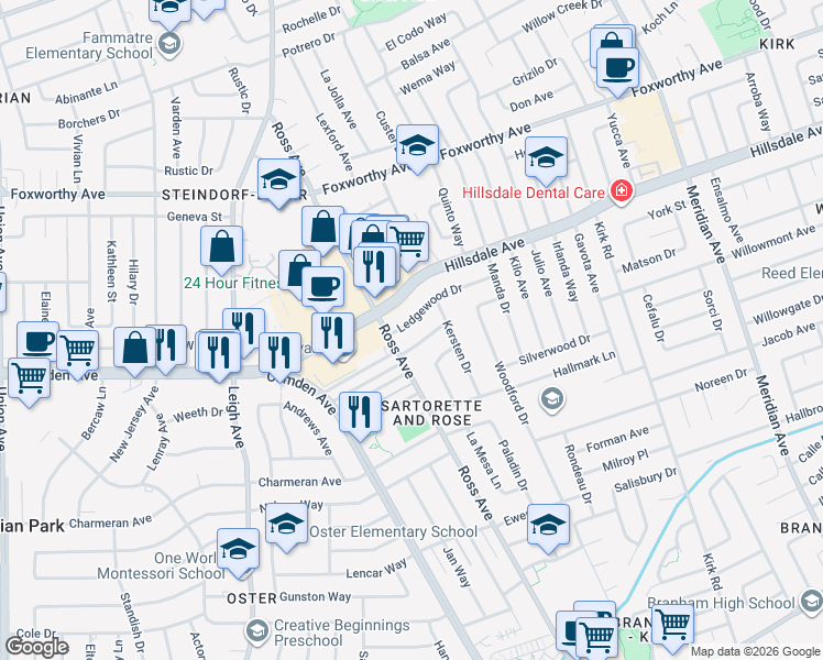 map of restaurants, bars, coffee shops, grocery stores, and more near 1782 Ledgewood Drive in San Jose