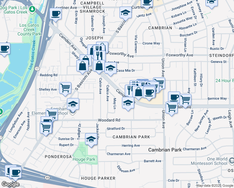 map of restaurants, bars, coffee shops, grocery stores, and more near 3456 May Lane in San Jose
