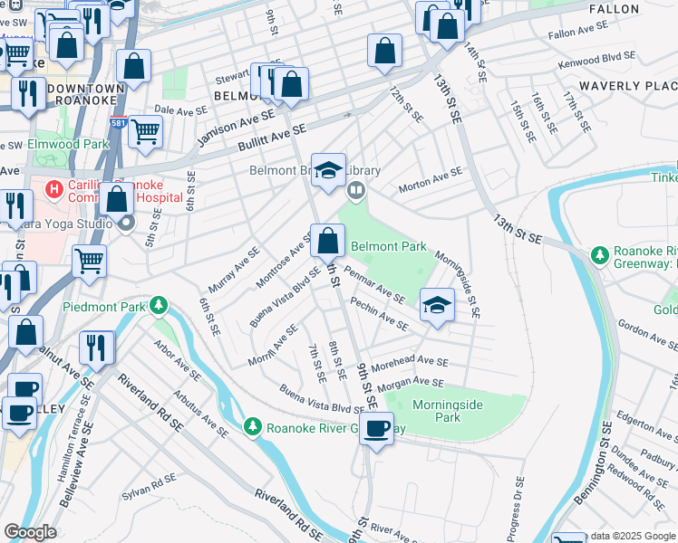 map of restaurants, bars, coffee shops, grocery stores, and more near 1223 9th Street Southeast in Roanoke