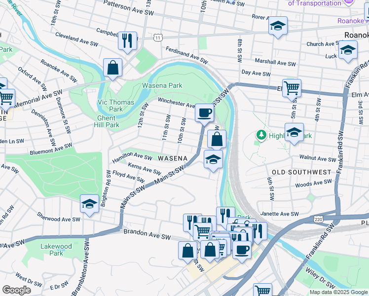 map of restaurants, bars, coffee shops, grocery stores, and more near 928 Howbert Avenue Southwest in Roanoke