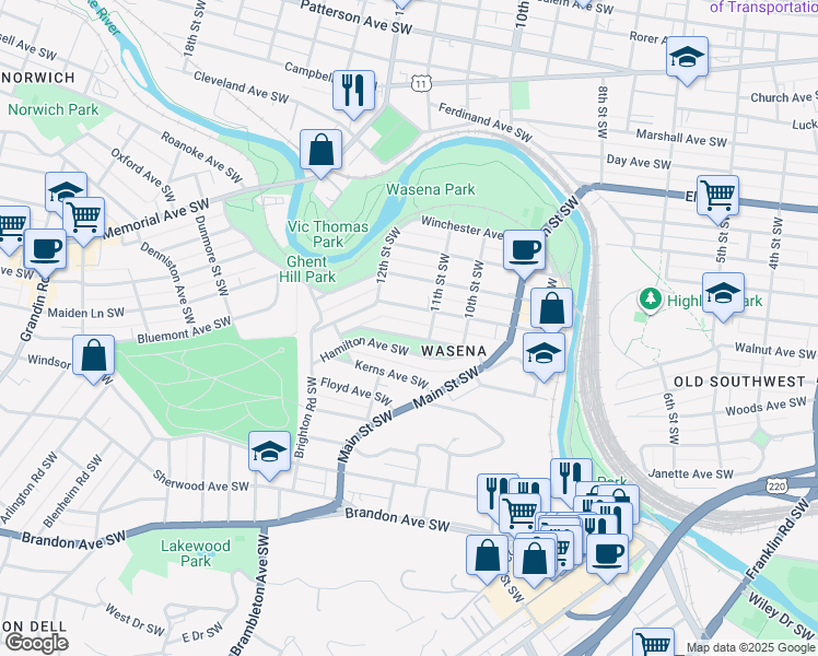 map of restaurants, bars, coffee shops, grocery stores, and more near 1127 Valley Avenue Southwest in Roanoke
