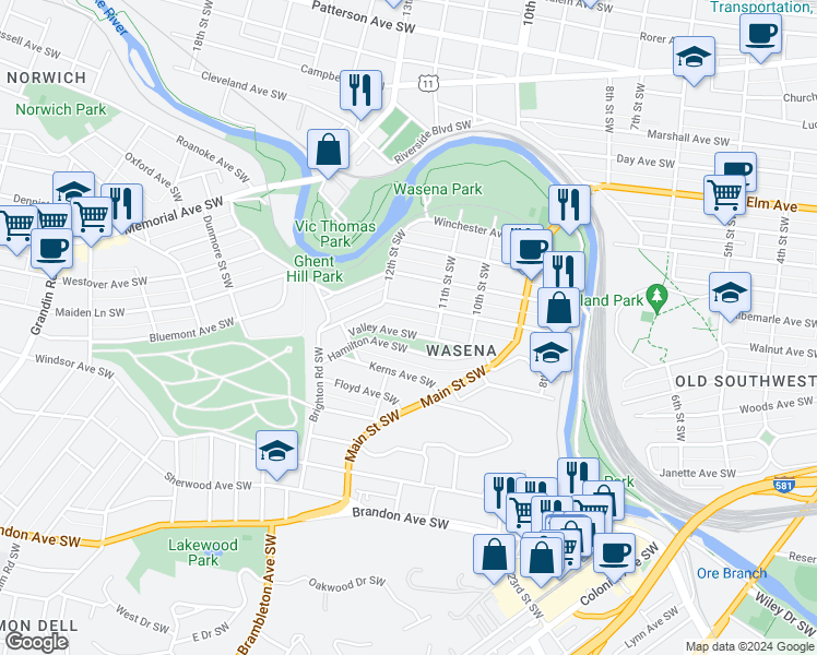 map of restaurants, bars, coffee shops, grocery stores, and more near 1127 Valley Avenue Southwest in Roanoke