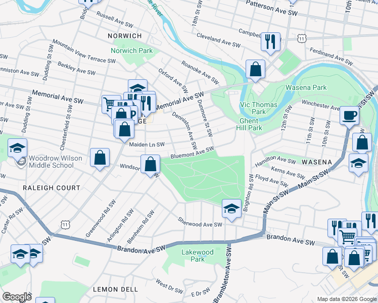 map of restaurants, bars, coffee shops, grocery stores, and more near 1719 Bluemont Avenue Southwest in Roanoke