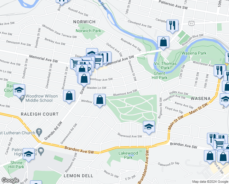 map of restaurants, bars, coffee shops, grocery stores, and more near 1809 Bluemont Avenue Southwest in Roanoke