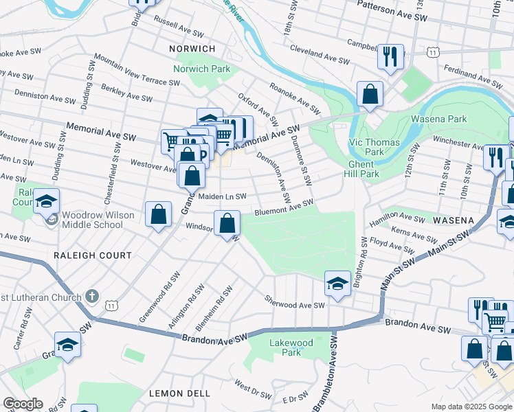 map of restaurants, bars, coffee shops, grocery stores, and more near 1809 Bluemont Avenue Southwest in Roanoke