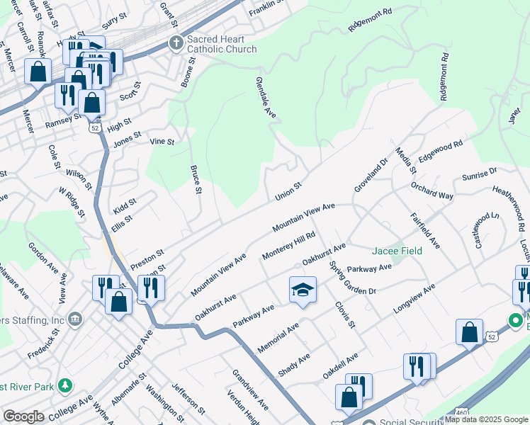 map of restaurants, bars, coffee shops, grocery stores, and more near 454 Union Street in Bluefield