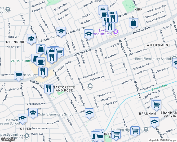 map of restaurants, bars, coffee shops, grocery stores, and more near 3678 Julio Avenue in San Jose