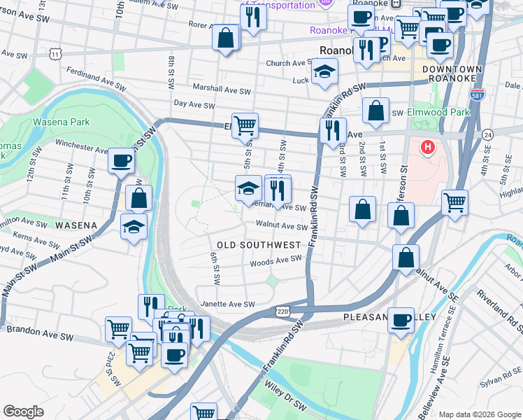 map of restaurants, bars, coffee shops, grocery stores, and more near 420 Albemarle Avenue Southwest in Roanoke