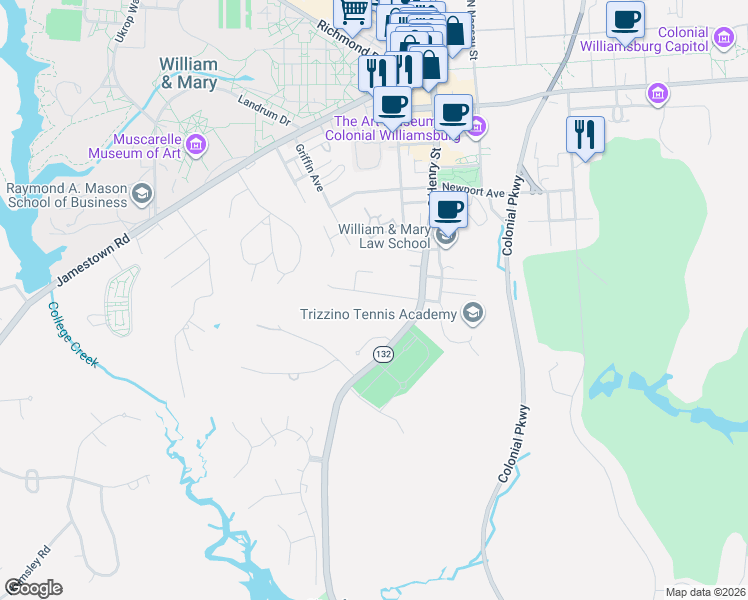 map of restaurants, bars, coffee shops, grocery stores, and more near 122 Mimosa Drive in Williamsburg