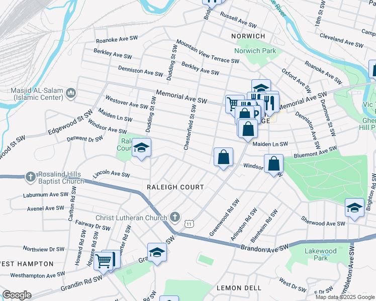 map of restaurants, bars, coffee shops, grocery stores, and more near 2146 Windsor Avenue Southwest in Roanoke